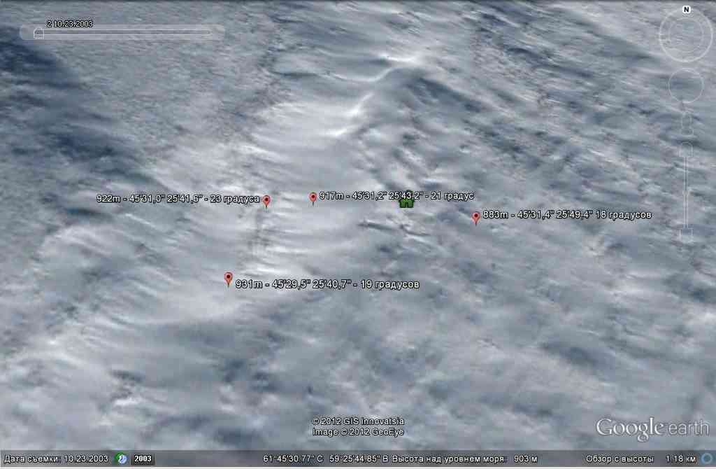 Углы наклона на местности расположения платки группы Дятлова - Google earth