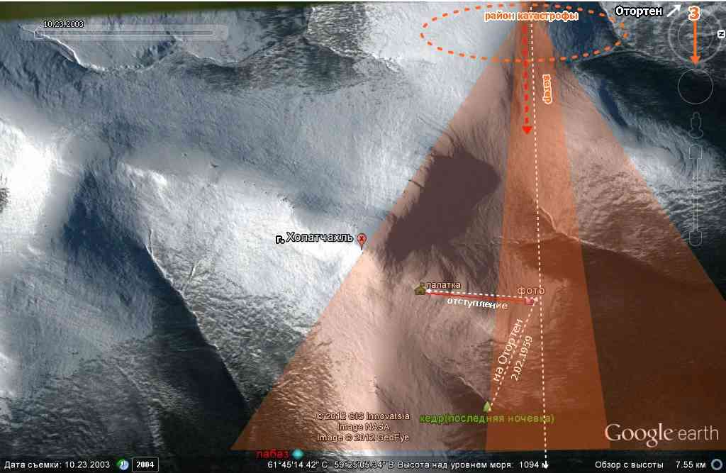 Схема покрытия аэрозольным облаком метанола окрестностей места гибели группы Дятлова на Google earth
