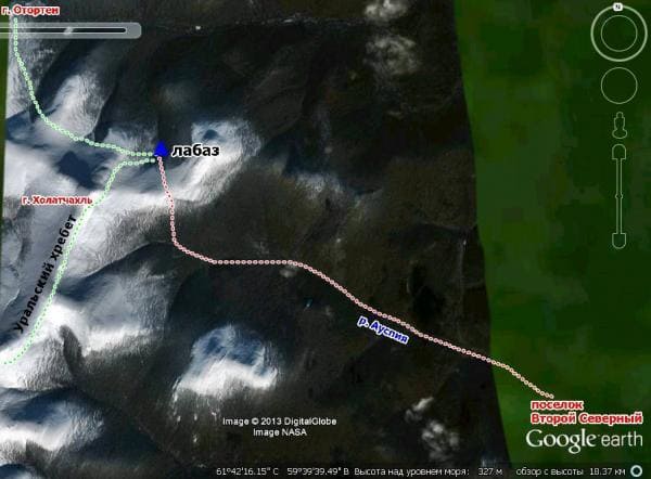 Маршрут, к горе Отортен и назад, лабаз - вид из космоса с помощью программы Google Earth. 