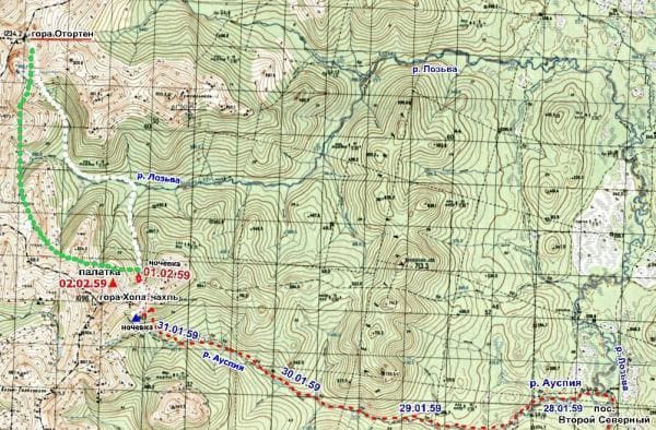 2 возможных маршрута группы "Хибина" от поселка Второй Северный до горы Отортен на современной карте